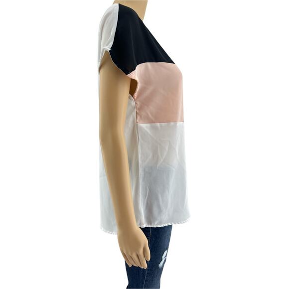 H&M (S) White Pink Black Color Block Asymmetrical Stripe Officewear Blouse Top - Picture 2 of 4